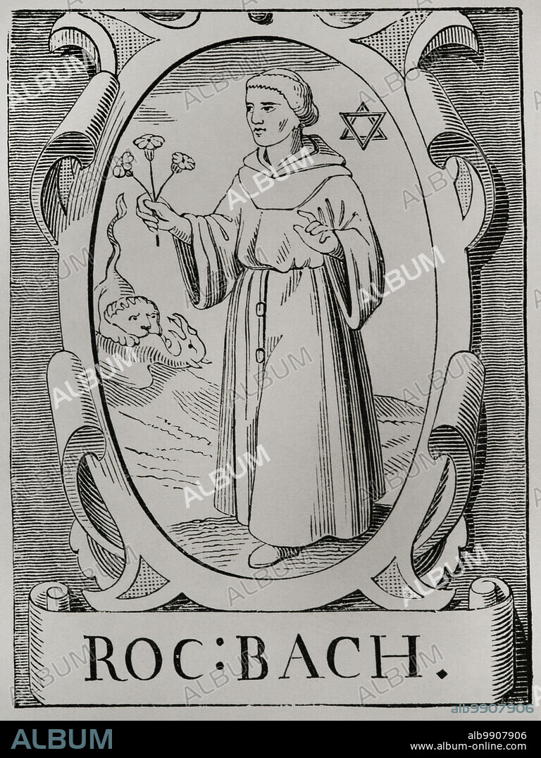 JEAN DE VRIES. 16TH-CENTURY ARTIST.. Roger Bacon (ca. 1214-1294). English philosopher and scholastic theologian of the Franciscan order. Known as Doctor Mirabilis. Portrait. Engraving by Jean de Vries. Sciences & Lettres au Moyen Age et à l'époque de la Renaissance. Paris, 1877.