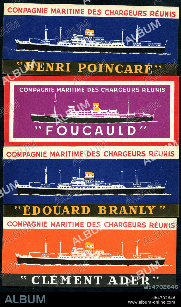 'Compagnie maritime des chargeurs reunis', les bateaux 'Henri Poincare, Foucauld, Edouard Branly, Clement Ader'. Etiquettes de compagnie maritime vers 1930. Credit : IM/KHARBINE-TAPABOR.