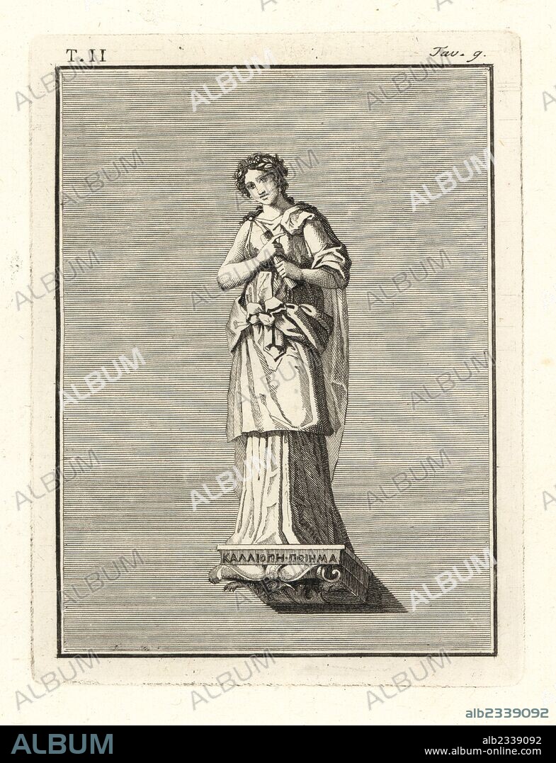 Calliope, muse of epic poetry, holding a scroll and wearing a wreath of ivy. Copperplate engraving by Tommaso Piroli from his Antiquities of Herculaneum (Antichita di Ercolano), Rome, 1789.