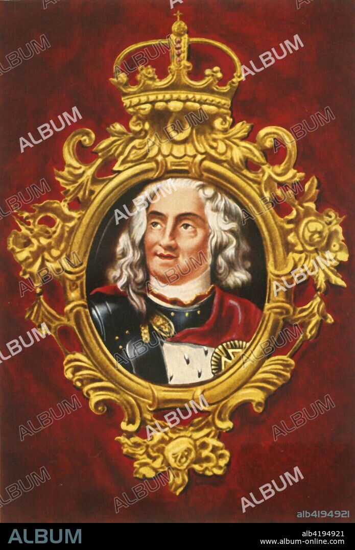 'August II., Der Starke', (1933). Portrait of Augustus II the Strong (1670-1733), Elector of Saxony (as Frederick Augustus I), Imperial Vicar, elected King of Poland and Grand Duke of Lithuania. His was nicknamed 'the Strong", 'the Saxon Hercules' and 'Iron-Hand', due to his physical strength, especially at fox-tossing - a competitive blood sport which involved throwing live foxes and other animals high into the air. From "Gestalten Der Weltgeschichte", a book of cigarette-card portrait miniatures of figures in world history from the last four hundred years. [Germany, 1933].