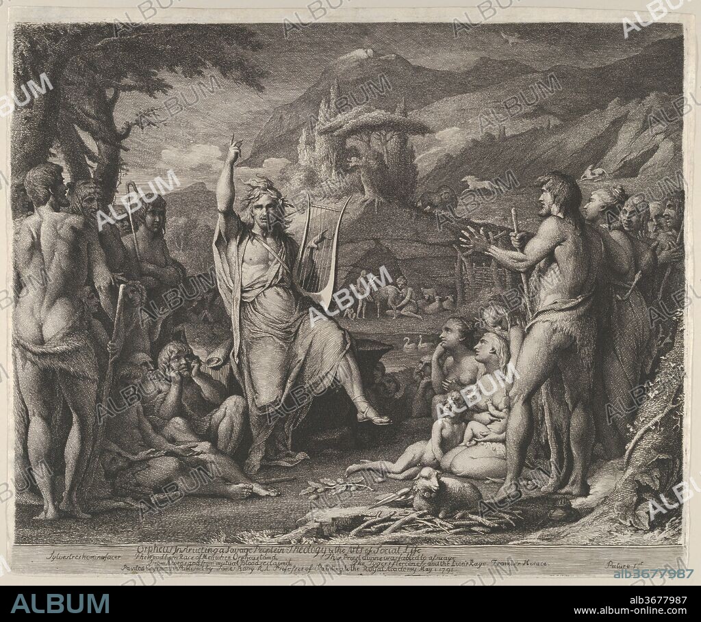 Orpheus Instructing a Savage People in Theology and the Arts of Social Life. Artist: James Barry (Irish, Cork 1741-1806 London). Dimensions: Plate: 16 5/16 × 19 13/16 in. (41.5 × 50.4 cm)
Sheet: 16 5/8 × 19 15/16 in. (42.3 × 50.7 cm). Date: plate dated May 1, 1791, issued 1792.