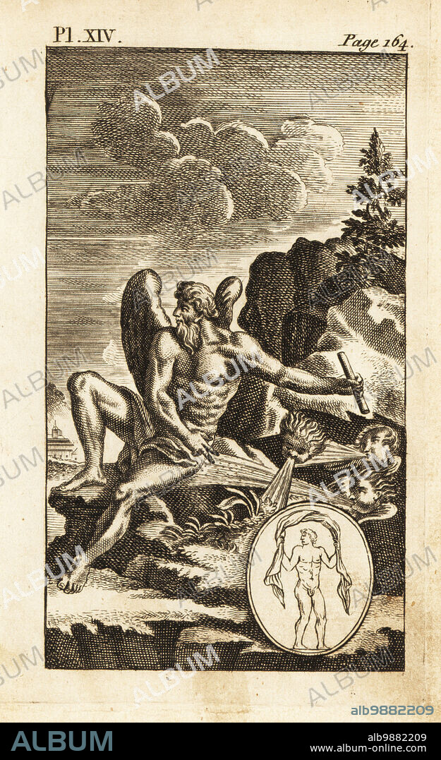 Aeolus or Aiolus, Greek god of the winds. Shown with wings attended by zephyrs. Copperplate engraving from Andrew Tookes The Pantheon, Representing the Fabulous Histories of the Heathen Gods, London, 1757.