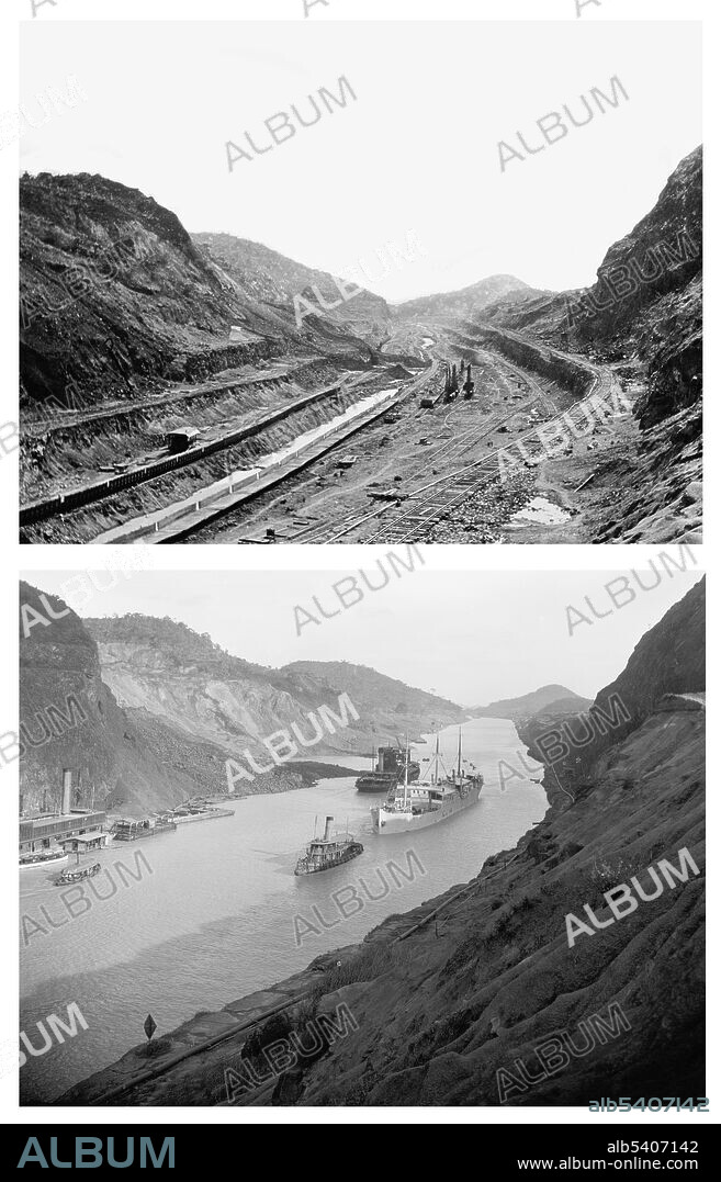 Culebra Cut, deepest section of the Panama Cut, photographed looking south before and after flooding (c. 1905 and c. 1912). The Panama Canal is an artificial 82 km (51 mi) waterway in Panama that connects the Atlantic Ocean with the Pacific Ocean. The canal cuts across the Isthmus of Panama and is a conduit for maritime trade. Canal locks are at each end to lift ships up to Gatun Lake, an artificial lake created to reduce the amount of excavation work required for the canal, 26 m (85 ft) above sea level, and then lower the ships at the other end. France began work on the canal in 1881, but stopped due to engineering problems and a high worker mortality rate. The United States took over the project in 1904 and opened the canal on August 15, 1914.