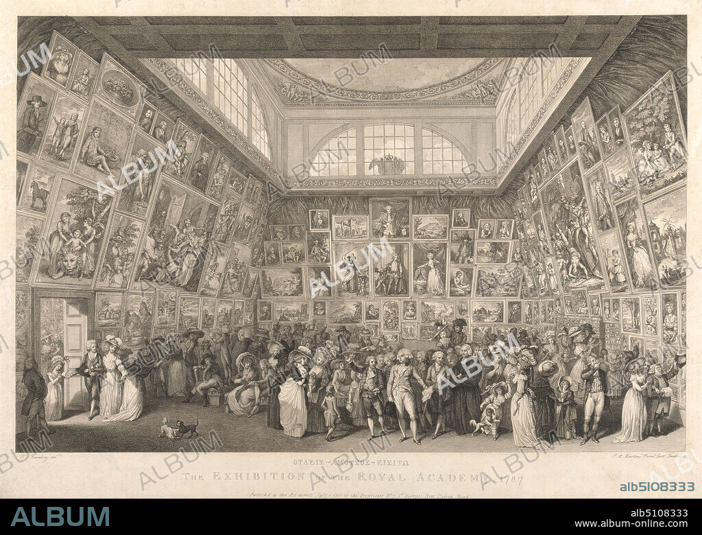 The Exhibition of the Royal Academy, 1787, Print made by Pietro Antonio Martini, 17381797, Italian, after Johann Heinrich Ramberg, 17631840, German, active in Britain (178188), 1787, Engraving and etching on medium, slightly textured, cream paper, Sheet: 14 1/2 × 20 9/16 inches (36.9 × 52.2 cm) and Image: 12 5/8 × 19 7/16 inches (32 × 49.4 cm), architectural subject, bonnets (hats), children, costume, crown, dogs (animals), ear trumpet, exhibition, fans, frames (furnishings), genre subject, paintings, England, Europe, London, Royal Academy, United Kingdom.