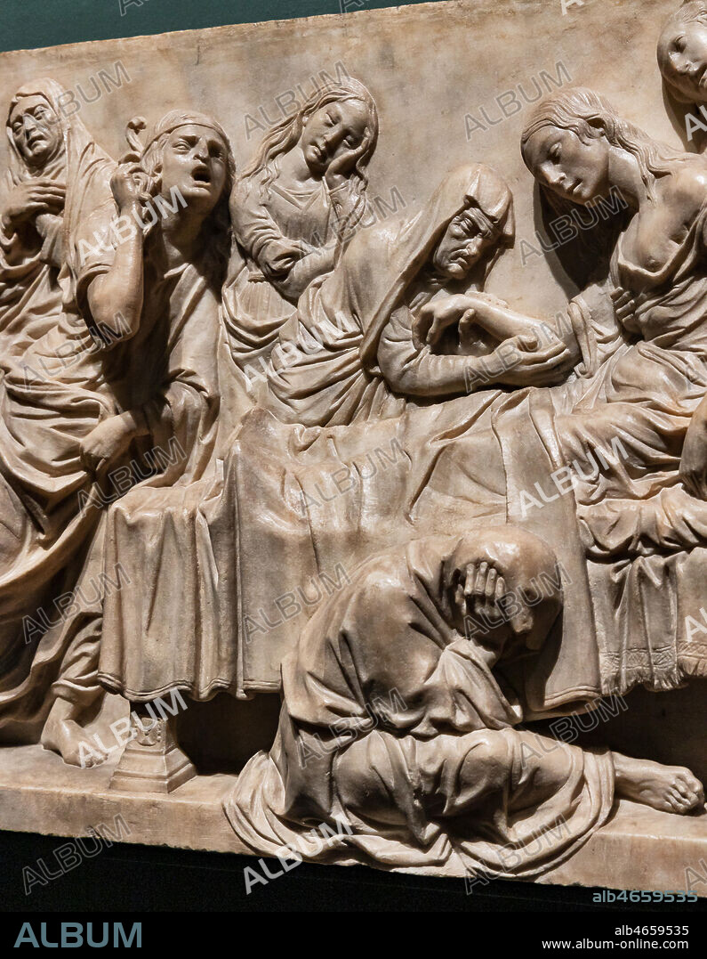 "Death of Francesca Pitti Tornabuoni", 1480, by Francesco di Simone Ferrucci (1437-1493), marble relief. Detail of the youg woman died during the childbirth and grieving women.