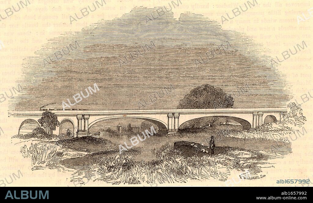 Maidenhead Bridge on the Great Western Railway, c1860.  Bridge designed by Isambard Kingdom Brunel (1806-1859) to carry the GWR across the Thames at Maidenhead, Berkshire. Critics were convinced that the bridge would fall because of the breadth and flatness of the arches, 128 ft (39m) wide with a rise of 24ft 3in (7.39m) to the crown, but they were proved wrong.  Opened 1839. From "The Land We Live In" (London, c1860) (Photo by: Universal History Archive/UIG via Getty Images).