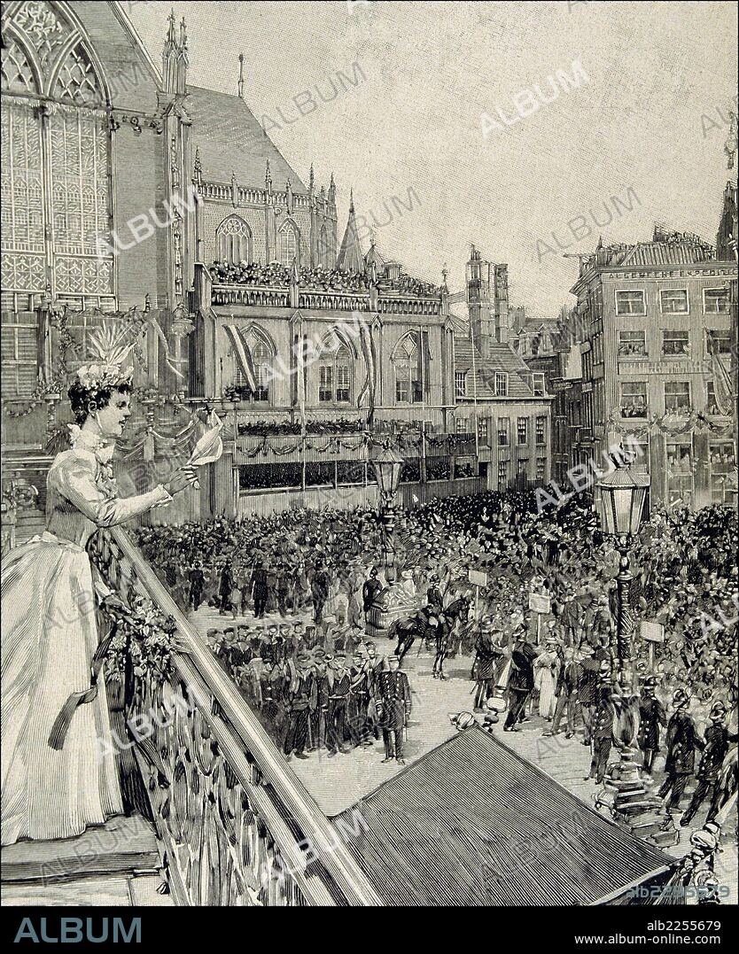 GUILLERMINA DE HOLANDA. REINA DE LOS PAISES BAJOS. 1880 - 1962. " LA REINA ACLAMADA A SU ENTRADA EN AMSTERDAM " , AÑO 1898 GRABADO DE L' ILLUSTRATION.