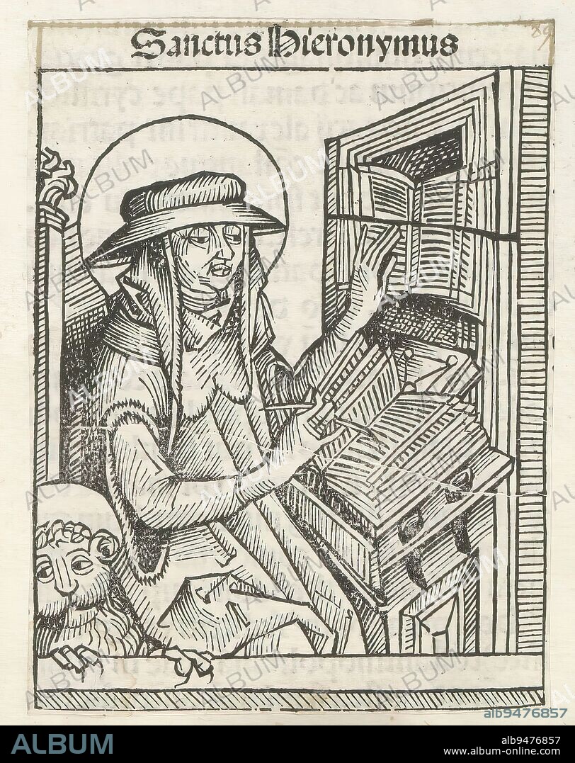Saint Hieronymus in his study, Sanctus Hieronymus (title on object), Liber Chronicarum (series title), Saint Hieronymus in his study. Bottom left the lion. The print is part of an album., print maker: Michel Wolgemut, (workshop of), print maker: Wilhelm Pleydenwurff, (workshop of), Neurenberg, 1493, paper, letterpress printing, height 107 mm × width 82 mm.
