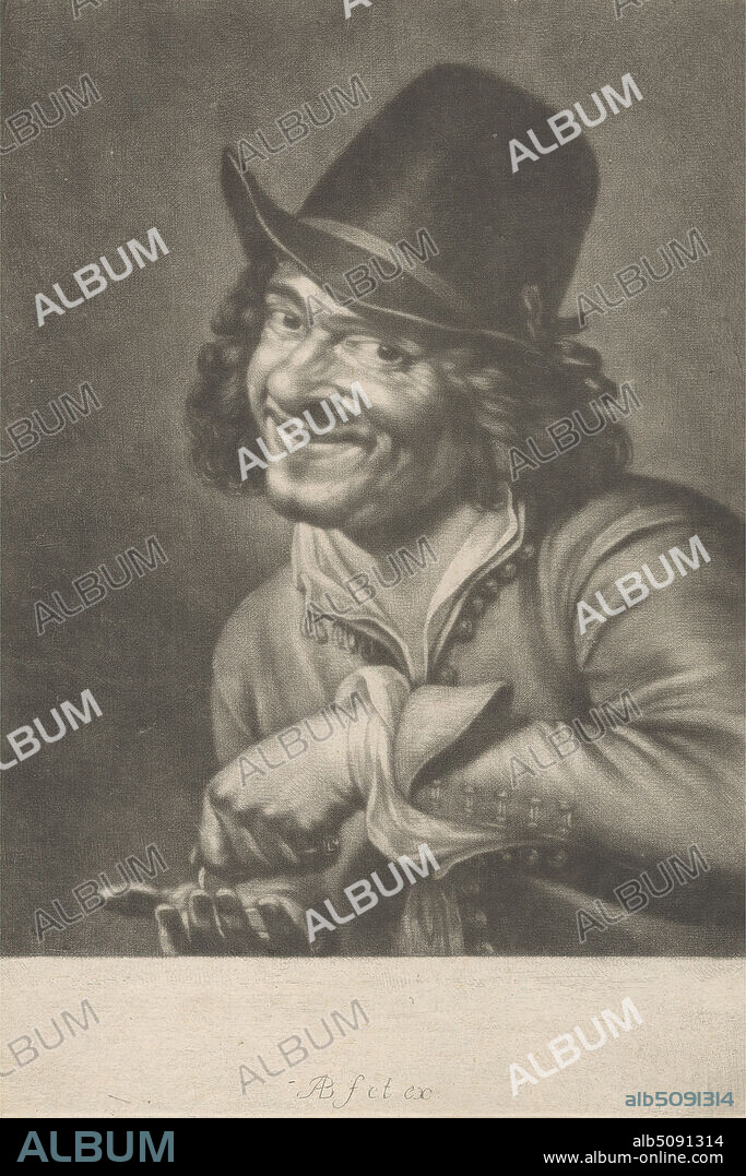 Peasant Counting Money, Print made by Abraham Blooteling, 16401690, Dutch, after Petrus Staverenus, active 16341654, Dutch, Published by Abraham Blooteling, 16401690, Dutch, between 1670 and 1690, Mezzotint on medium, moderately textured, cream laid paper, Sheet: 7 15/16 x 5 9/16 inches (20.2 x 14.2 cm) and Plate: 7 3/4 x 5 3/8 inches (19.7 x 13.7 cm), caricature, coins, collar, counting, genre subject, hat, hearing, man, money, peasant, portrait, satire, senses, smiling.