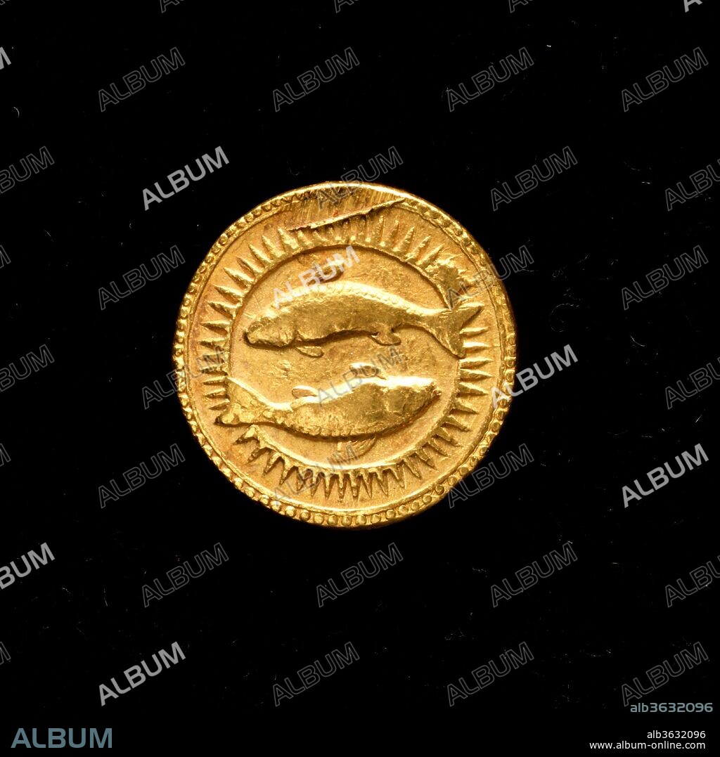 Coin. Dimensions: Diam. 13/16 in. (2.1 cm)
W. 1/16 in. (0.2 cm). Date: dated A.H. 1028/ A.D. 1619.
Bearing signs of the zodiac, the coins conceived of and issued by Emperor Jahangir were a development of earlier Mughal coinage, which included religious calligraphic inscriptions and minting dates. The sign of Pisces corresponds to the month in which this coin was issued, while a couplet on the reverse provides additional information about the reign and year.