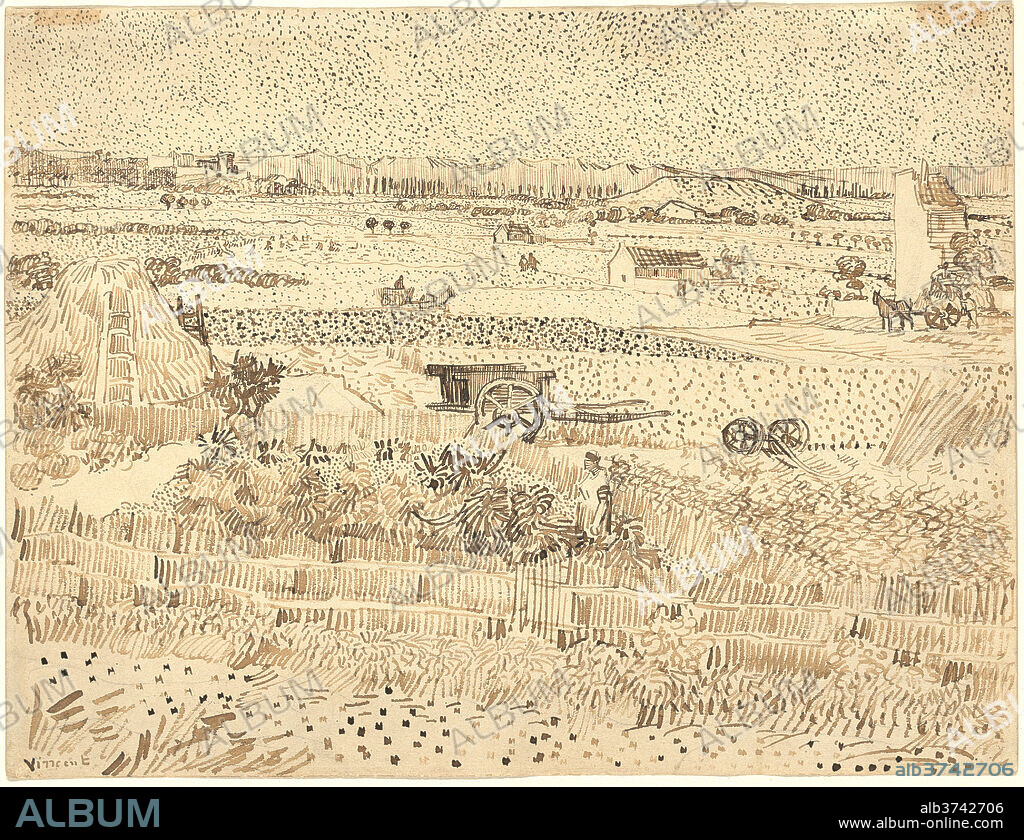 VINCENT VAN GOGH. Harvest--The Plain of La Crau. Dated: 1888. Dimensions: overall: 24.2 x 31.9 cm (9 1/2 x 12 9/16 in.). Medium: reed pen and brown ink over graphite on wove paper.