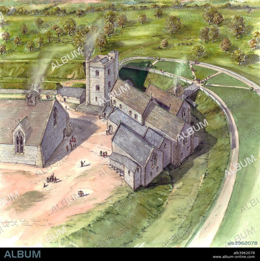 PETER DUNN. Ludgershall Castle and Cross, Wiltshire, late 14th century, (c1990-2010)  Aerial view reconstruction drawing of the castle during late 14th century. 12th-century fortified royal residence at Ludgershall in Wiltshire, England. Three large walls still remain of the castle, which was turned into a hunting lodge by Henry III but fell into disuse by the 15th century.
