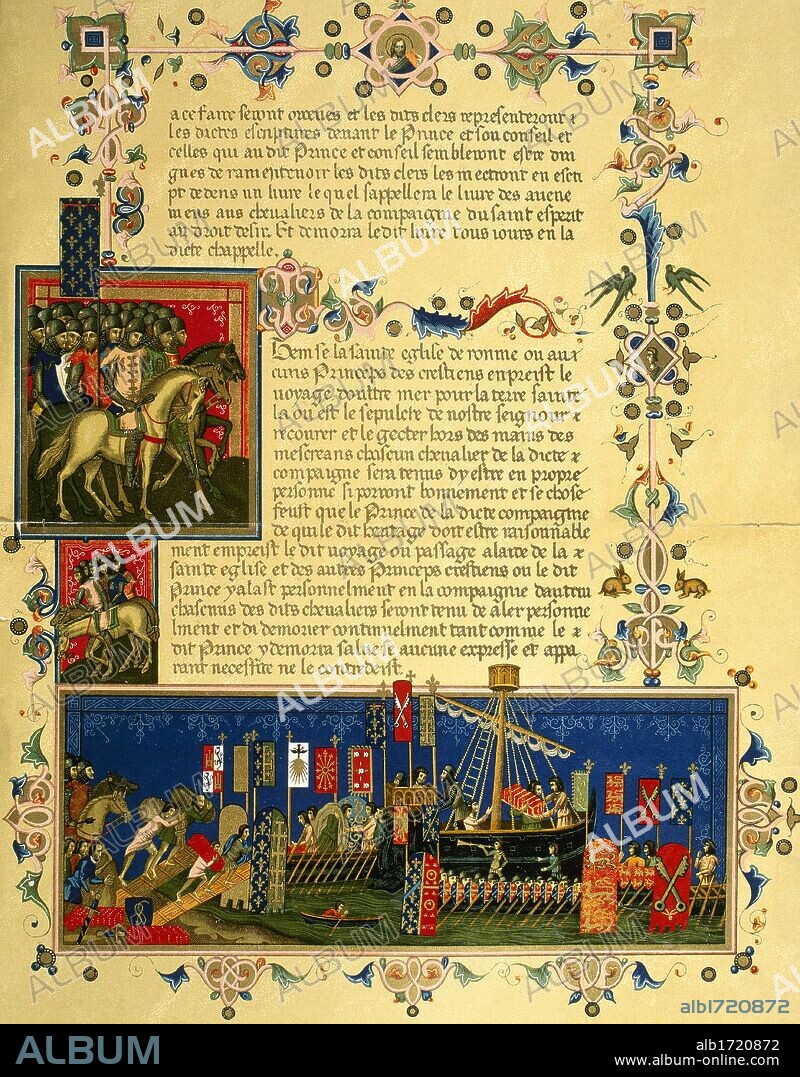 HISTORIA MEDIEVAL. CABALLEROS CRUZADOS EMBARCANDO HACIA TIERRA SANTA. Página miniada de los estatutos de la Orden del Santo Espíritu (s. XV). Biblioteca Nacional. París. Francia.