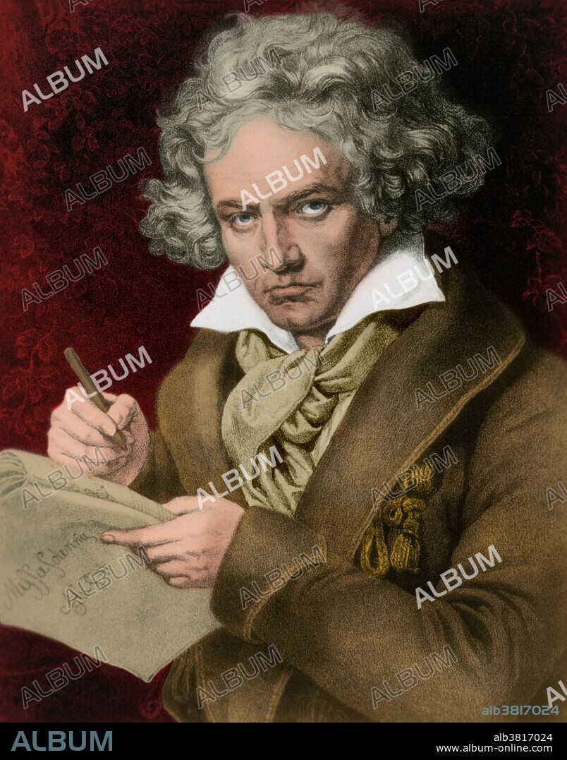 Portrait of Beethoven composing the 'Missa Solemnis'. Ludwig van Beethoven (baptized December 17, 1770 - March 26, 1827) was a German composer and pianist. A crucial figure in the transition between the Classical and Romantic eras in Western art music, he remains one of the most famous and influential of all composers. Beethoven was born in Bonn, but moved to Vienna in his early 20s, studying with Joseph Haydn and quickly gaining a reputation as a virtuoso pianist. His hearing began to deteriorate in his late twenties, yet he continued to compose, conduct, and perform, even after becoming completely deaf. In about 1800 his hearing began to deteriorate, and by the last decade of his life he was almost totally deaf. He gave up conducting and performing in public but continued to compose; many of his most admired works come from this period. He died in 1827 at the age of 56 during a thunderstorm. His friend Anselm HÃ¼ttenbrenner, who was present at the time, said that there was a peal of thunder at the moment of death. An autopsy revealed significant liver damage, which may have been due to heavy alcohol consumption. His funeral procession on was attended by an estimated 20,000 Viennese citizens. Franz Schubert, who died the following year and was buried next to Beethoven, was one of the torchbearers.