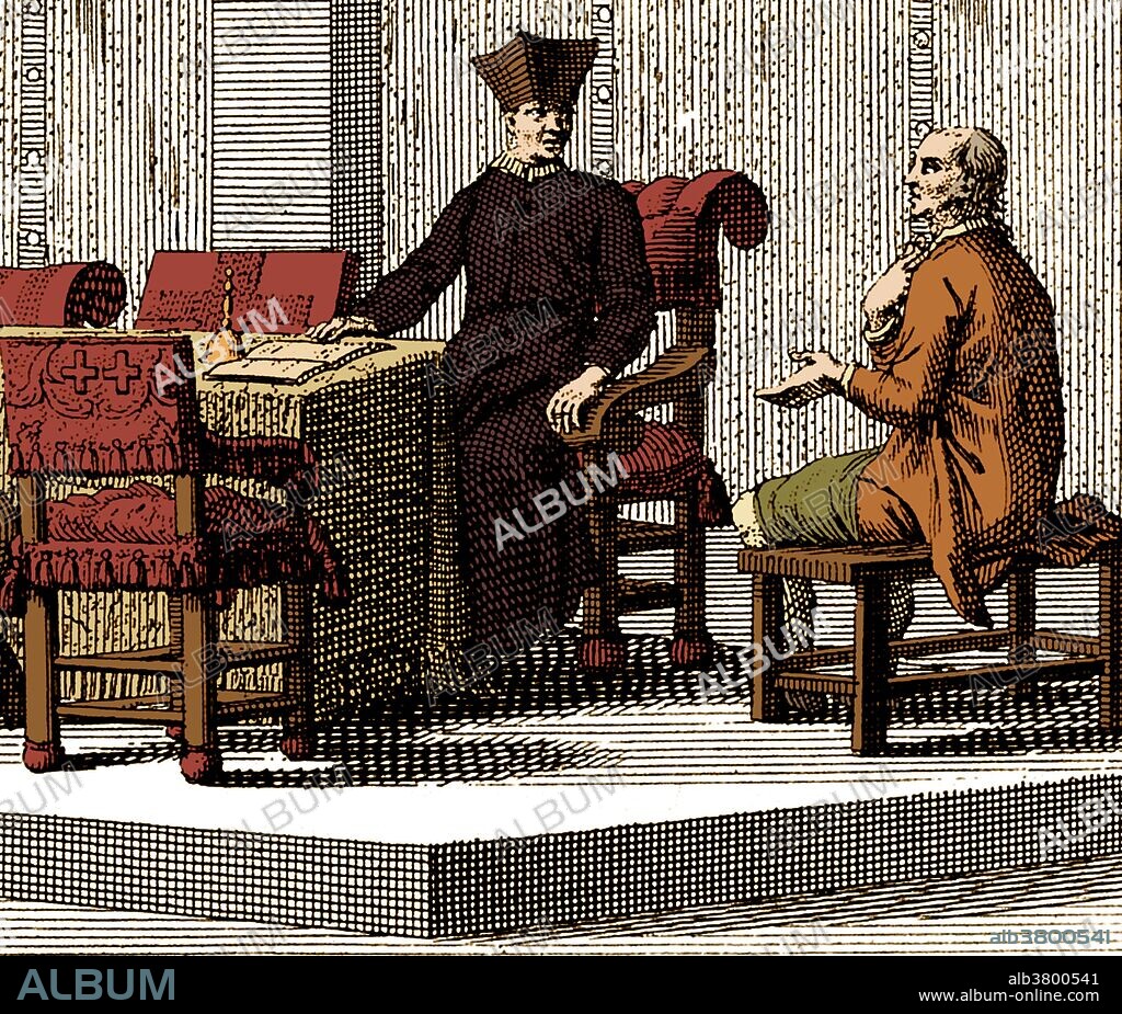 An interrogation room of the Spanish Inquisition with priest and an accused heretic. The Spanish Inquisition was established in 1480 by Catholic Monarchs Ferdinand II of Aragon and Isabella I. It was intended to maintain Catholic orthodoxy in their kingdoms and to replace the Medieval Inquisition, which was under Papal control. The Inquisition was originally intended primarily to ensure the orthodoxy of those who converted from Judaism and Islam. The regulation of the faith of the newly converted was intensified after the royal decrees issued in 1492 and 1502 ordering Jews and Muslims to convert or leave Spain. The Spanish Inquisition is often cited in popular literature and history as an example of Catholic intolerance and repression, and was not abolished until 1834, during the reign of Isabella II. Although records are incomplete, about 150,000 persons were charged with crimes by the Inquisition and about 3,000 were executed. Engraving by Bernard Picart, 1722.
