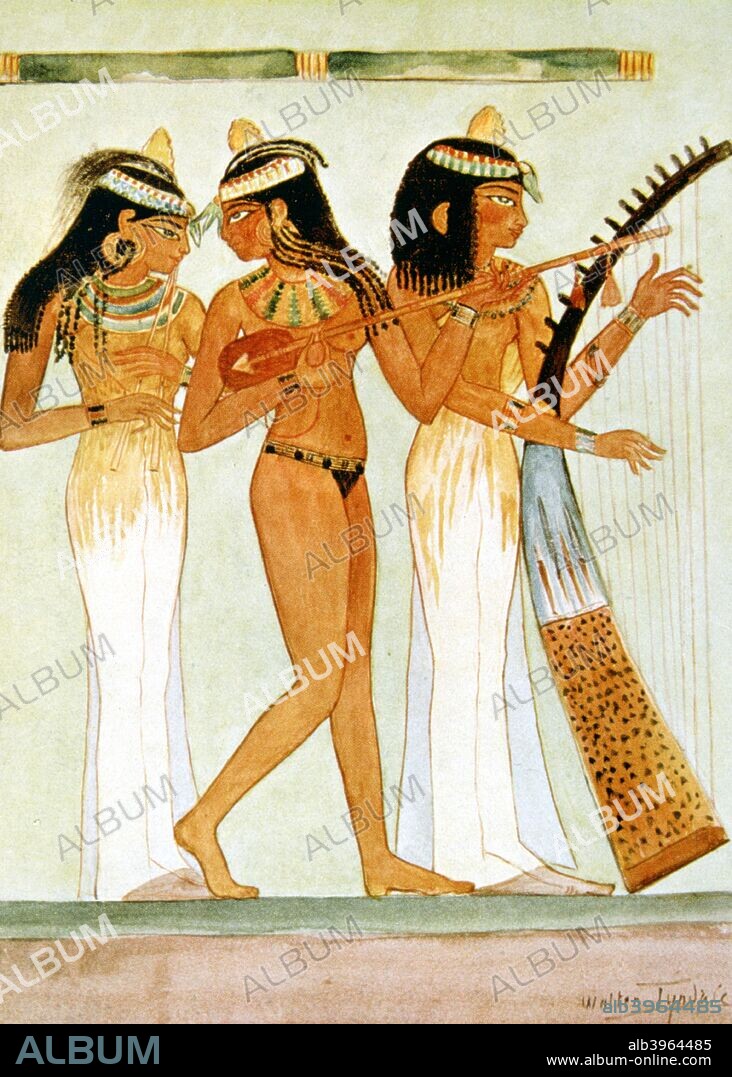 Ancient Egyptian musicians and a dancer, 1910. Reproduction of a mural from the Tomb of Nakht, Thebes, dating from the Ancient Agyptian New Kingdom (16th-11th century BC). Published in Egypt, by Walter Tyndale.