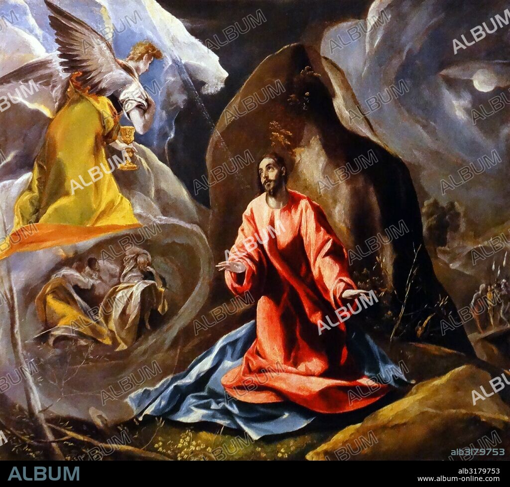 Painting titled "Agony in the Garden" by El Greco (1541-1614)  a painter, sculptor and architect of the Spanish Renaissance. Dated 16th Century.