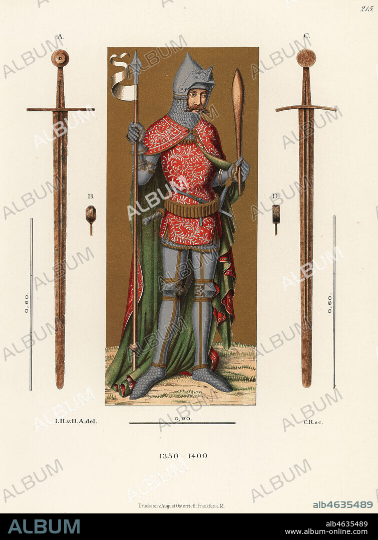 German knight in armour of the late 14th century. In bascinet with vizor and camail, surcoat and cape, chainmail and plate armour, holding a lance and mace. St. Vitalis from a wall painting in the Bavarian National Museum. Chromolithograph from Hefner-Alteneck's Costumes, Artworks and Appliances from the Middle Ages to the 17th Century, Frankfurt, 1889. Illustration by Dr. Jakob Heinrich von Hefner-Alteneck, lithographed by C.R. Dr. Hefner-Alteneck (1811 - 1903) was a German museum curator, archaeologist, art historian, illustrator and etcher.