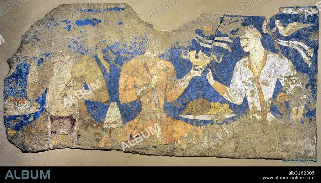 Arte. Asia Central. Pueblo Sogdiano. Los festines (artistas). Pintura mural. Primera mitad del siglo VIII. Procedente de la antigua ciudad de Penjikent, Tayikistan. Sector XXIV. Cámara 1. Museo del Hermitage (The State Hermitage Museum). San Petersburgo. Rusia.