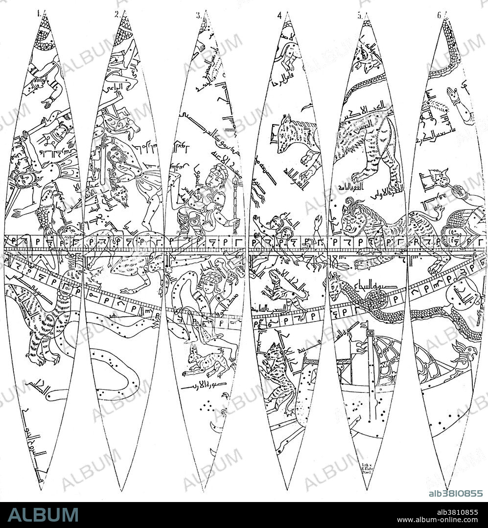 Detail. Plan of the Arabian celestial globe is one of the five oldest Islamic globes known. Constructed by Muhammad Bin Muwajid Elardhi of Meragha in Persia in 1279. Celestial globes show the apparent positions of the stars in the sky. They omit the Sun, Moon and planets because the positions of these bodies vary relative to those of the stars, but the ecliptic, along which the Sun moves, is indicated. The clear difference between maps and globes is that globes are spherical whereas maps are flat. The map needed to cover a globe is not rectangular like a map.