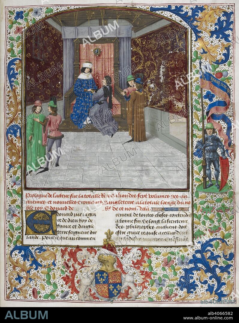 MASTER OF THE LONDON WAVRIN. Edward IV enthroned, wearing the order of the Golden Fleece, receiving the book from Jean Wavrin. . Chroniques d'Angleterre. Netherlands, S. (Bruges); after 1471, before 1483. Each miniature marked by the same letter of the alphabet as the first page of a quire in which it is situated. Initials in gold on blue and rose grounds with penwork decoration on white. Line-fillers in blue and rose with penwork decoration in white. Full foliate border. Source: Royal 15 E. IV, f.14.