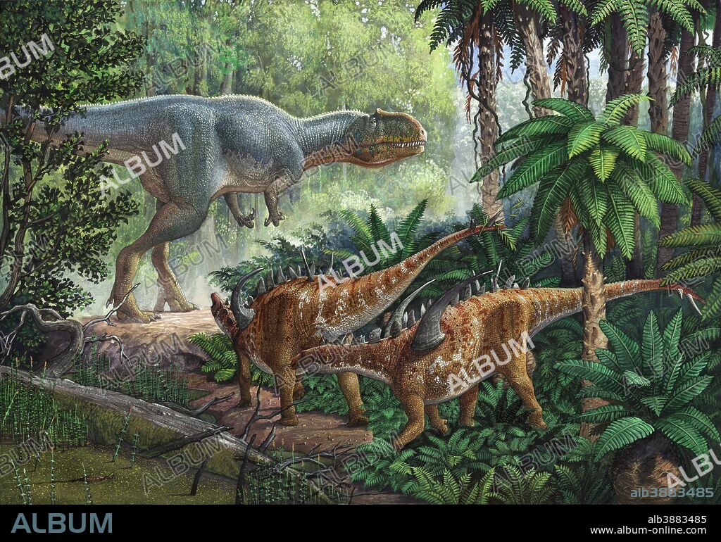 Two Gigantspinosaurus fearful at the sight of a large Yangchuanosaurus..