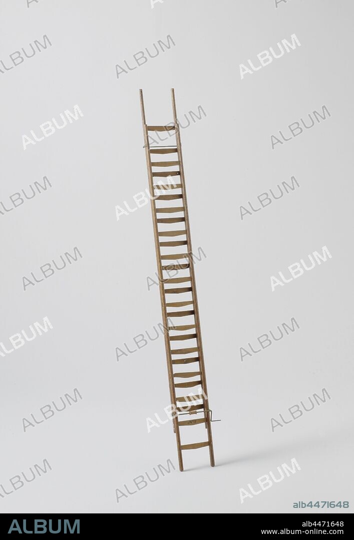 Model of a Fire Ladder, Model of a two-part ladder. The extendable part has a wheel on top of each leg. The spindle and handle for the extension are mounted on the bracket of the extension. Obreen mentions in his catalog another stick with a rescue sleeve, which is now missing, confirmation points for this can still be distinguished., Petrus van der Loo, The Hague, c. 1850, wood (plant material), brass (alloy), l 64.6 cm × l 117 cm (max.) × w 7 cm.