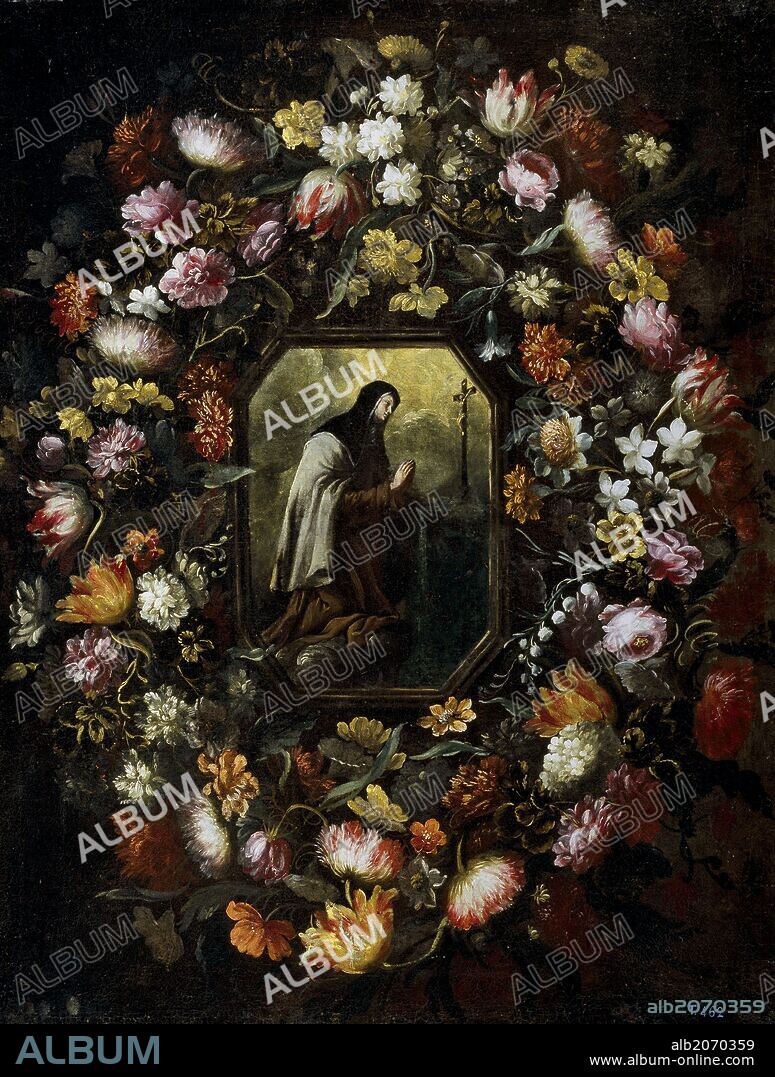 BARTOLOMÉ PÉREZ. Bartolomé Pérez / 'Garland of Flowers with Saint Teresa of Jesus', Second half 17th century, Spanish School, Oil on canvas, 95 cm x 73 cm, P01057.