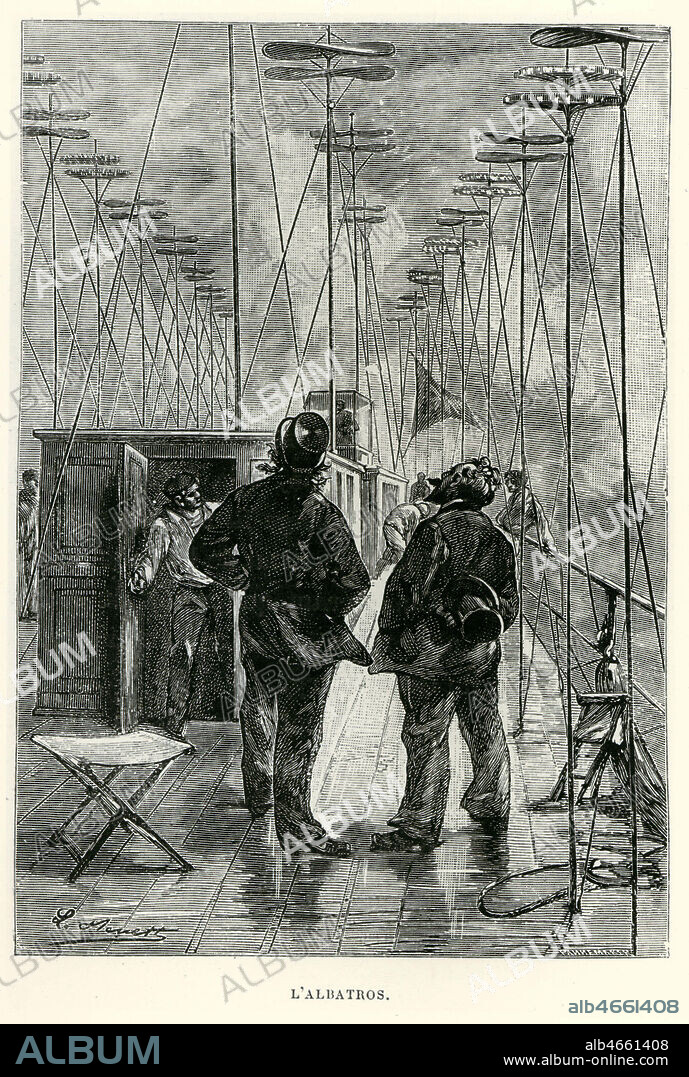 On dirait un navire a trente six mats.Le systeme a helices de l'Albatros de Robur. Illustration de 1886 par Leon BENETT (1838-1917) pour Robur Le Conquerant de Jules VERNE (1828-1905). Credit : Coll. Jonas/KHARBINE-TAPABOR.