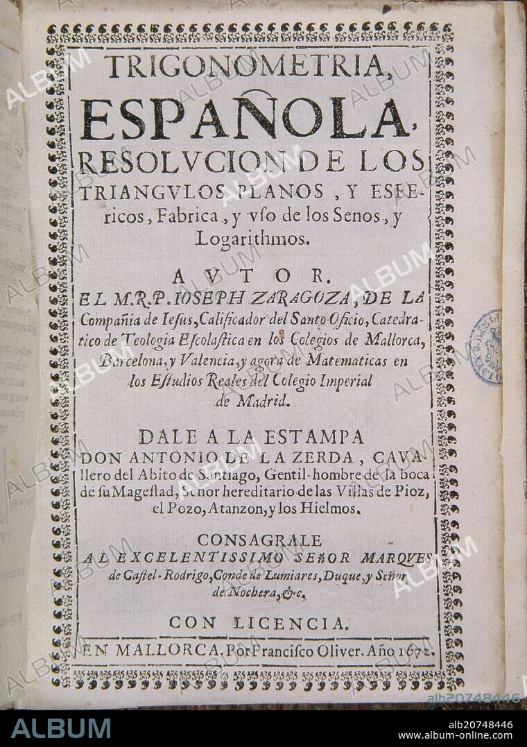BERNARDO JOSE ZARAGOZA (1627-1679). TRIGONOMETRIA ESPAÑOLA - PORTADA -MALLORCA 1672.