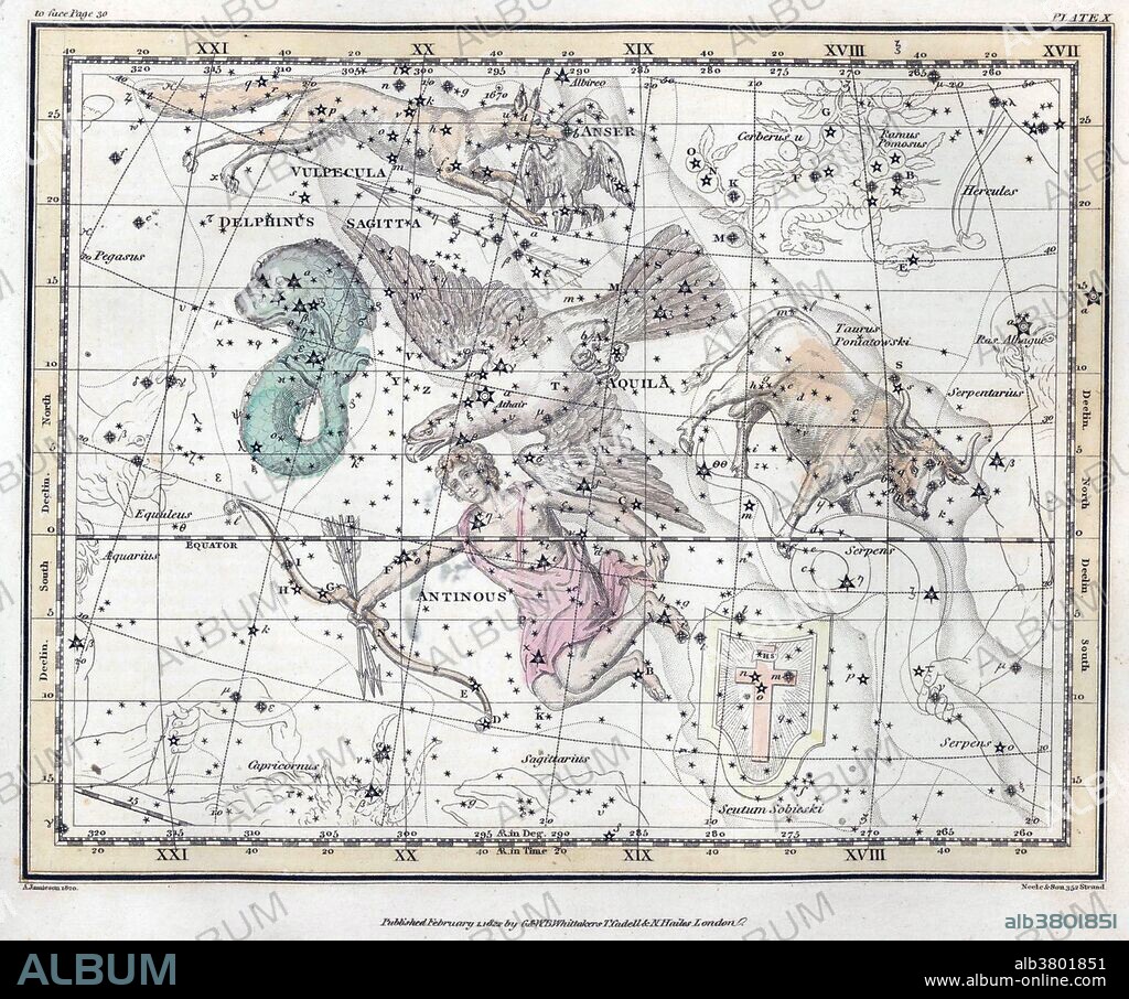 Antinous is an obsolete constellation no longer in use by astronomers, having been merged into Aquila, which it bordered to the North. Aquila constellation, its name is Latin for eagle and it represents the bird who carried Zeus/Jupiter's thunderbolts in Greco-Roman mythology. Aquila lies just a few degrees North of the celestial equator. Delphinus constellation is close to the celestial equator. Its name is Latin for dolphin. It is one of the smaller constellations, ranked 69th in size. Delphinus' brightest stars form a distinctive asterism that can easily be recognized. Vulpecula is a faint constellation. Its name is Latin for little fox, although it is commonly known simply as the fox. It was identified in the seventeenth century, and is located in the middle of the Summer Triangle (an asterism consisting of the bright stars Deneb, Vega and Altair). A Celestial Atlas (1822) by Alexander Jamieson, inspired by the star atlas of Johann Elert Bode, but restricted itself to stars that could be seen with the naked eye. Comprising a systematic display of the heavens in a series of thirty maps illustrated by scientific description of their contents and accompanied by catalogues of the stars and astronomical exercises, plate 10, 1822.