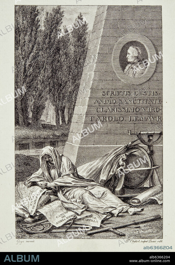 FRANCISCO DE GOYA. RETRATO ALEGORICO DE CARLOS LEMAUR, GRABADO EN PARIS POR PIERRE PHILIPPE CHOFFARD, AGUAFUERTE 1788.
