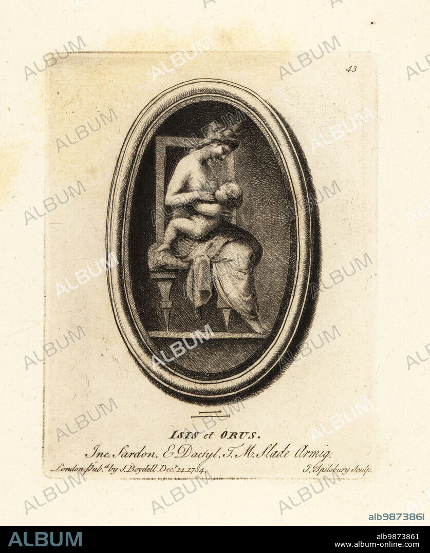 Isis, ancient Egyptian goddess of fertility and magic, breastfeeding her son Horus, the falcon-headed god. Isis et Orus. Engraved on sardonyx and dactylotheca from the collection of art dealer Thomas Moore Slade. Mezzotint copperplate engraving by John Spilsbury from his Collection of Fifty Prints from Antique Gems, John Boydell, London, 1785.