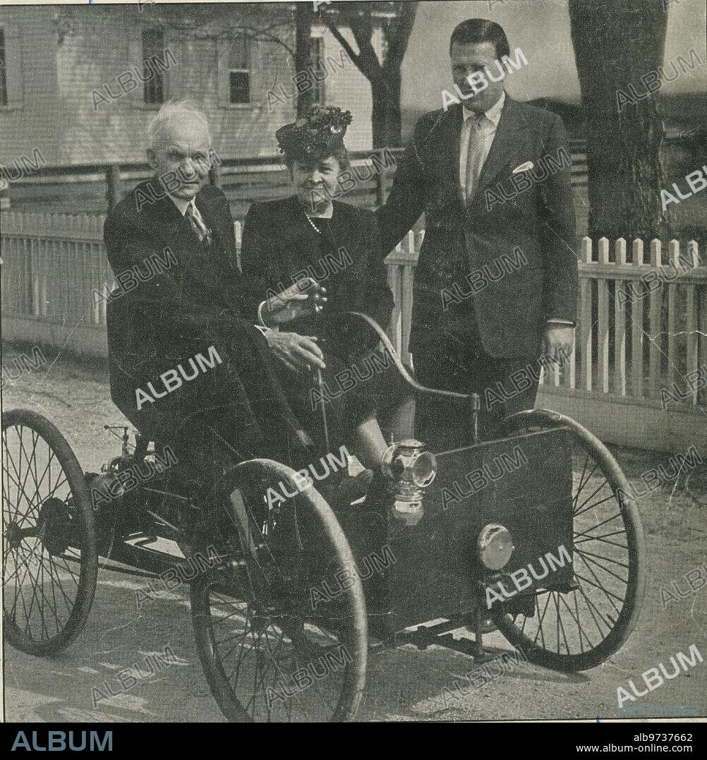June 1946. Henry Ford, with his wife Clara and his grandson Henry Ford II, in his first Ford automobile, which he built 50 years ago.