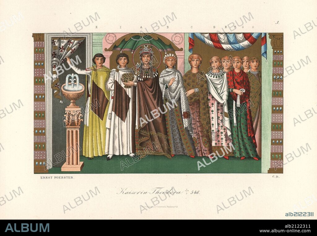 Theodora I (c. 500 – 548AD), empress of the Roman (Byzantine) Empire and wife of Emperor Justinian I, from a mosaic in the Basilica of San Vitale. Chromolithograph from Hefner-Alteneck's "Costumes, Artworks and Appliances from the Middle Ages to the 17th Century," Frankfurt, 1879. Illustration by Ernst Foerster, lithographed by C.R., and published by Heinrich Keller. Dr. Hefner-Alteneck (1811 - 1903) was a German museum curator, archaeologist, art historian, illustrator and etcher.