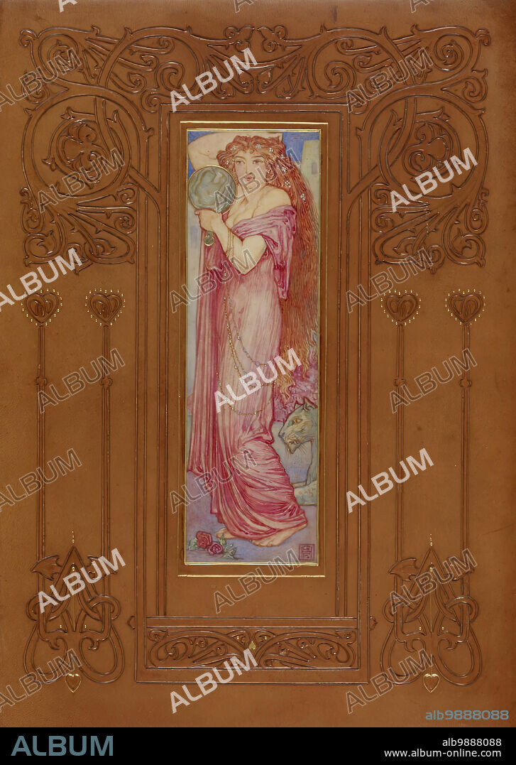 Cover of "Recuyell of the Historyes of Troye", volume 2, 1892. Recuyell of the Historyes of Troye (A Collection of the Histories of Troy) was written by Raoul Lefèvre and first published in 1464. This 19th-century edition, a product of English designer, writer, and printer William Morris's Kelmscott Press, was bound by Cedric Chivers of Bath. Chivers developed a process of making translucent parchment, also called vellum (animal skin that is stretched and scraped thin). He patented the method in 1898 and called the result "Vellucent" bindings. The painting of the young girl in this binding's central panel was applied to the book first, then the translucent vellum was laid over top. The girl's hand mirror is mother-of-pearl.