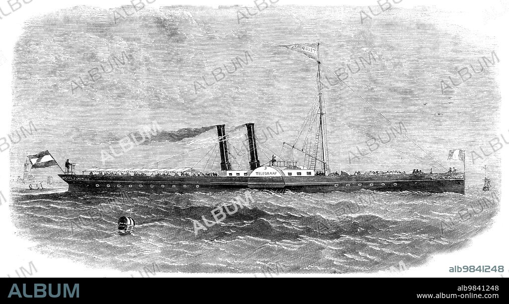 The "Telegraaf" Iron Steam-boat, recently built by Messrs. Fob, Smit, Jun., and Co., Kinderdyk, near Rotterdam, 1858. '...the Telegraaf No. 3...is fitted with oscillating engines, of the collective nominal power of 120 horses, by Messrs. Ravenhill, Salkeld, and Co., engineers, of London...[and is] intended for the accelerated steam communication between Rotterdam and Antwerp...The speed of this steamer places the railway in the background, and in her fittings no Royal yacht can excel her for either beauty or convenience...[She] illustrates the progress of Dutch iron steam-ship building, as well as the quality of London-made engines...According to the testimony of the Belgian pilots, Kirstein van Dongen and A. Lamot, there is no faster steamer afloat'. From "Illustrated London News", 1858.
