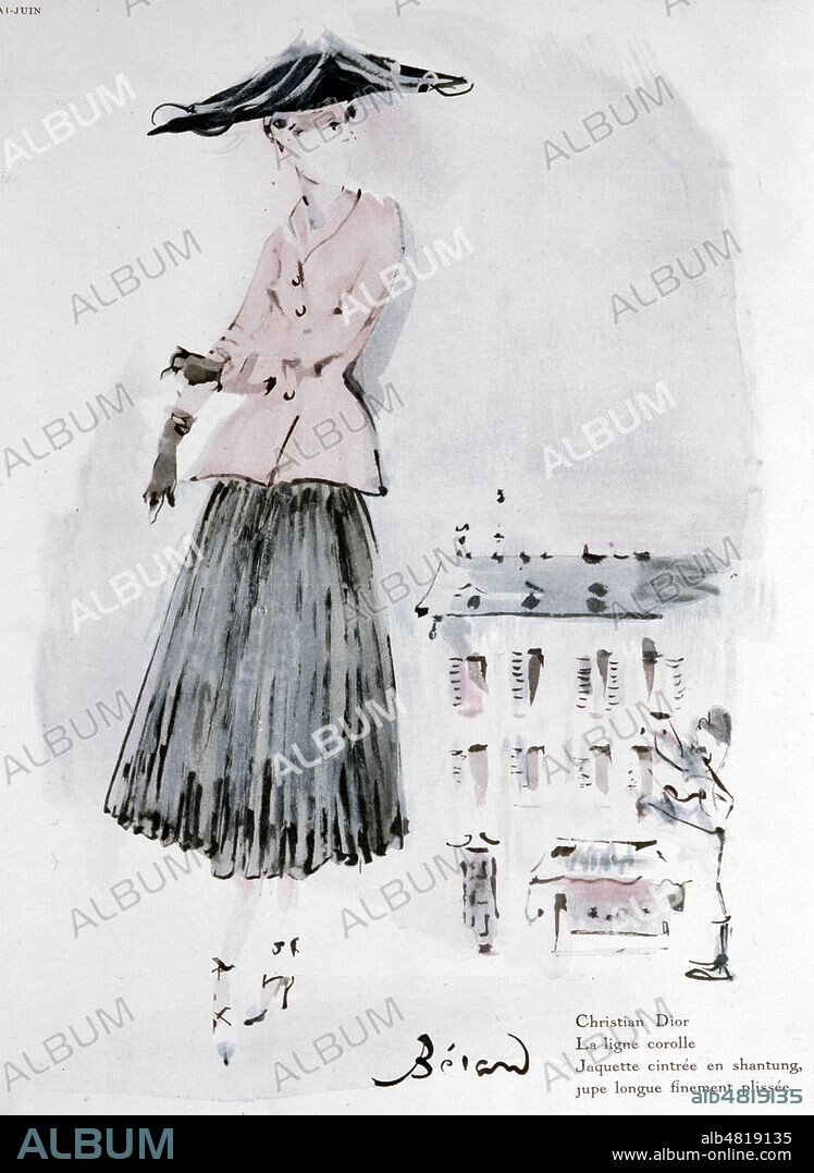 Tailleur Christian DIOR (1905-1957) dessine par BERARD CHRISTIAN (1902-1949) et publiee dans Vogue en 1947. Credit : Collection KHARBINE-TAPABOR.