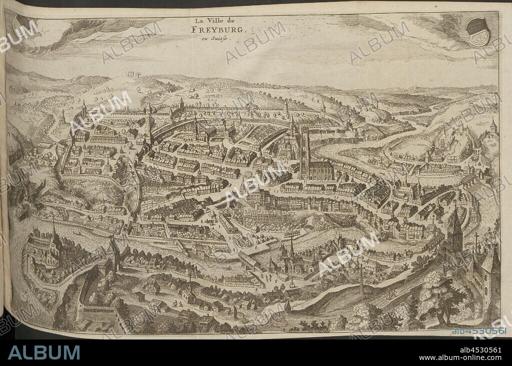 The city of Freyburg, Switzerland, Plan of Friborg, to p. 418, 1723, Johann Jakob Scheuchzer: Ouresiphoites Helveticus, sive, itinera per Helvetiae alpinas regiones facta annis MDCCII, MDCIII, MDCCIV, MDCCV, MDCCVI, MDCCVII, MDCCIX, MDCCX, MDCCXI (...). Lugduni Batavorum [Leiden]: typis ac sumptibus Petri van der Aa, MDCCXXIII [1723].