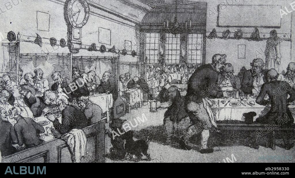 Lloyd's Coffee House, Lombard Street, London. Here businessmen and people seeking 'insurance' met. This was the beginning of Lloyds insurance. 1733.