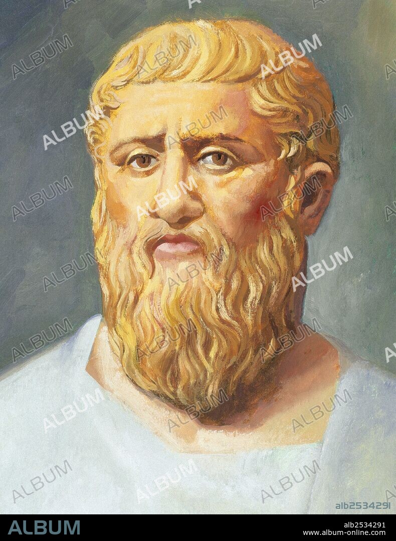 PLATON (Atenas, 428-348 ó 347 a. C.). Filósofo griego. Hacia el año 387. C. fundó una escuela, la Academia. Su doctrina esotérica es conocida a través de los textos del más ilustre de sus discípulos, Aristóteles. Creador de la filosofía clásica. Acuarela.