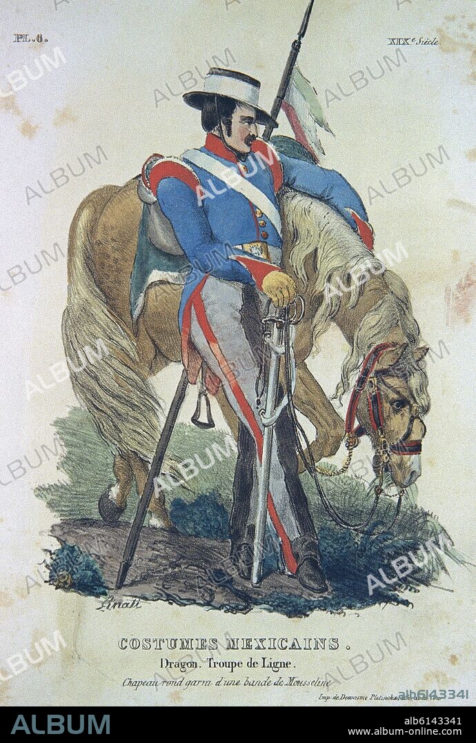CLAUDIO LINATI. TRAJES CIVILES, MILITARES Y RELIGIOSOS DE MEXICO - 1828 - SOLDADO MEXICANO DE CABALLERIA - LITOGRAFIA SIGLO XIX.