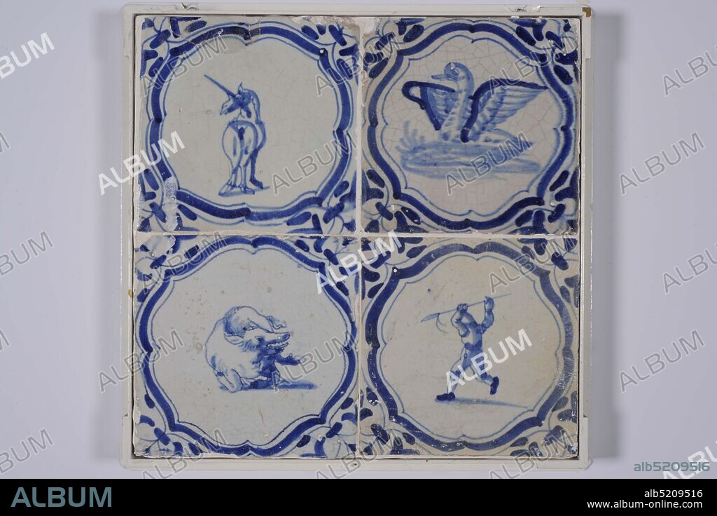 tile field, Anonymous, first half 17th century, With frame: 28.8 x 28.8 x 3.4cm (288 x 288 x 34mm), General: 12.8 x 12.8 x 1.3cm (128 x 128 x 13mm), unicorn, pig , duck, hunter, northern netherlands, Tile field of four tiles (two by two) made of earthenware covered with tin glaze painted in blue. The tile field depicts animals in braces and a hunter with a spear. Clockwise: a unicorn, a duck, a boar, and the hunter with spear. The tiles have a wing leaf as a corner motif, 1985.