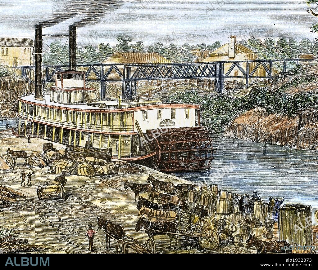 HISTORIA DEL OESTE AMERICANO. SIGLO XIX. BARCO DE VAPOR en Buffalo Bayou, Houston (Texas) en 1873. Las granjas y los medios de transporte prosperaron gracias a la inmigración de gentes de otras partes de América y Europa, además de ser un lugar cercano a la Reserva Comanche de Oklahoma. Grabado coloreado del S. XIX.