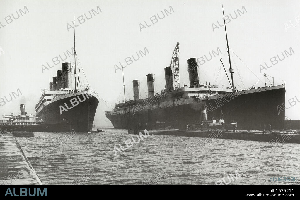 RMS Titanic and RMS Olympic. RMS Titanic and RMS Olympic, 03/02/1912. Two White Star Liners, both built by Harland & Wolff, in Belfast seen together for the last time. RMS Titanic left Southampton and Cherbourg on her maiden voyage to New York on April 10th, 1912. The steamship sank on April 15th 1912 off the coast of New Foundland after striking an iceberg during first trip with the loss of 1,635 passengers and crew. (Photo by Titanic Images/Universal Images Group).