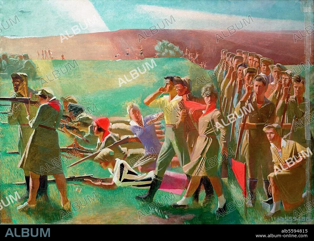 Sowjetunion / Komsomol. (Kommunistischer Jugendverband, 1918 gegr., erfaßt die 14-26jährigen). "Der mobilisierte Komsomol". Gemälde, 1932/33, von Alexandr Nikolajewitsch Samochwalow (1894-1971). Öl und Tempera auf Leinwand, 198,5 × 276 cm. St. Petersburg, Staatl. Russisches Museum.
