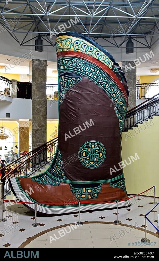 Traditional Mongolian boot, largest shoe in the world, in Genghis Khan Theme Park, Chinggis Khan Statue Complex, Tsonjin Boldog, Mongolia