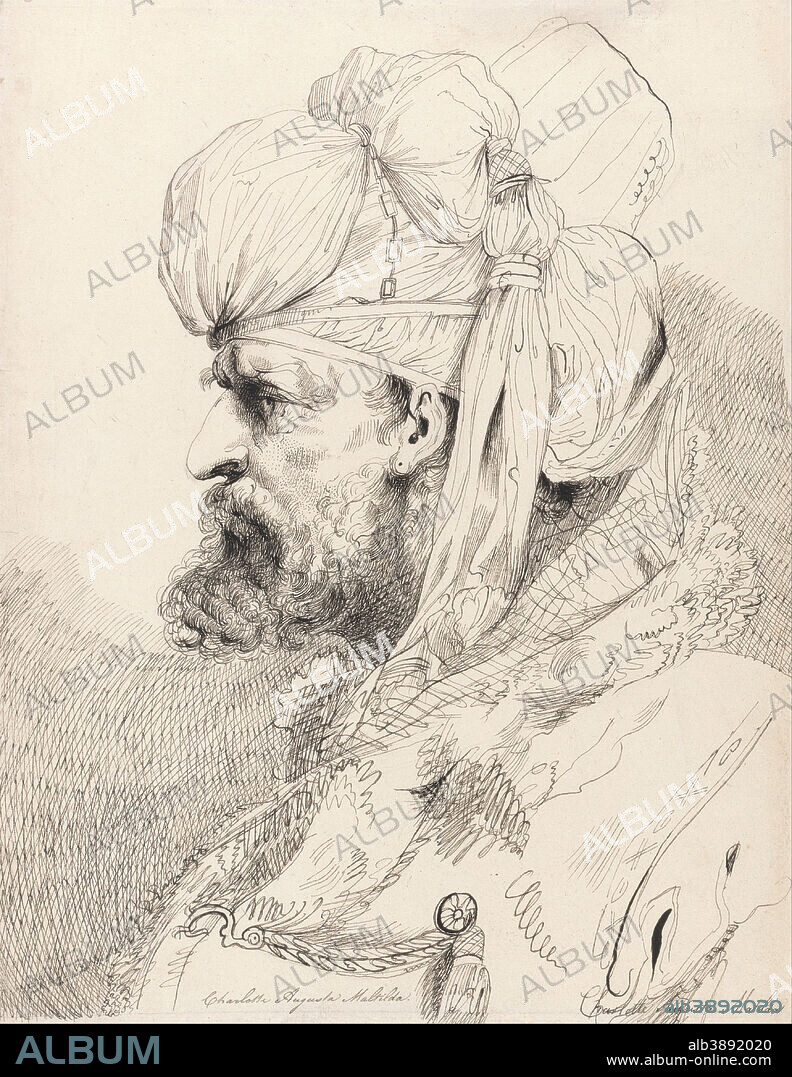 AFTER JOHN HAMILTON MORTIMER and PRINCESS CHARLOTTE (LATER QUEEN CHARLOTTE OF WüRTTEMBERG). Head of an Aga of the Janisseries. Drawing. Pen and black ink on medium, slightly textured, cream wove paper. Height: 308 mm (12.12 in); Width: 241 mm (9.48 in).
