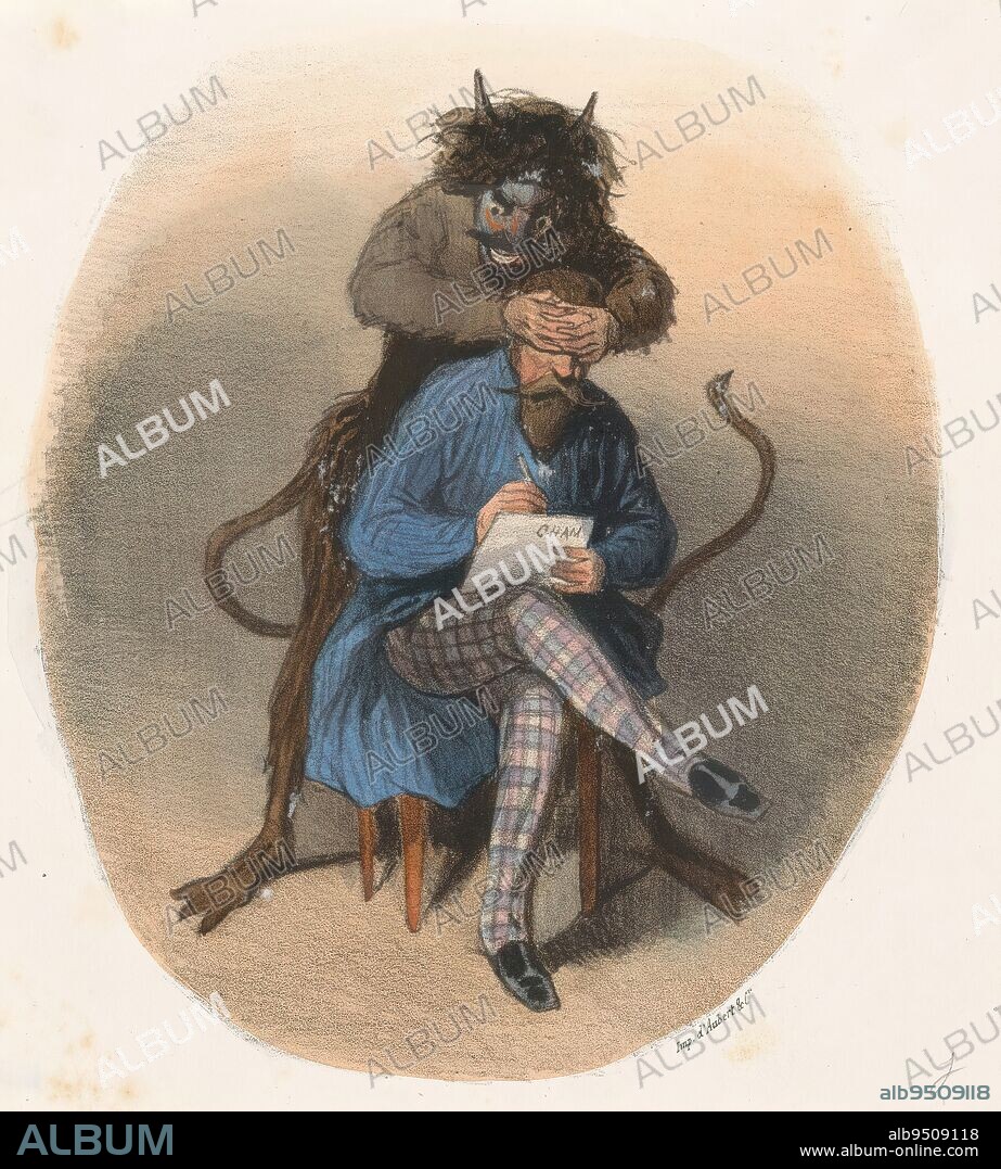 Writer and the Devil, A writer, possibly Cham himself, sits on a chair writing. Behind him is a devil who has placed his hands over his eyes., print maker: Cham, (mentioned on object), printer: Aubert & Cie., 1828 - 1879, paper, height 187 mm × width 168 mm.