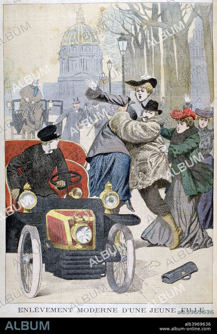 Kidnapping of a young woman in Paris, 1902. An illustration from Le Petit Journal, 21st December 1902.